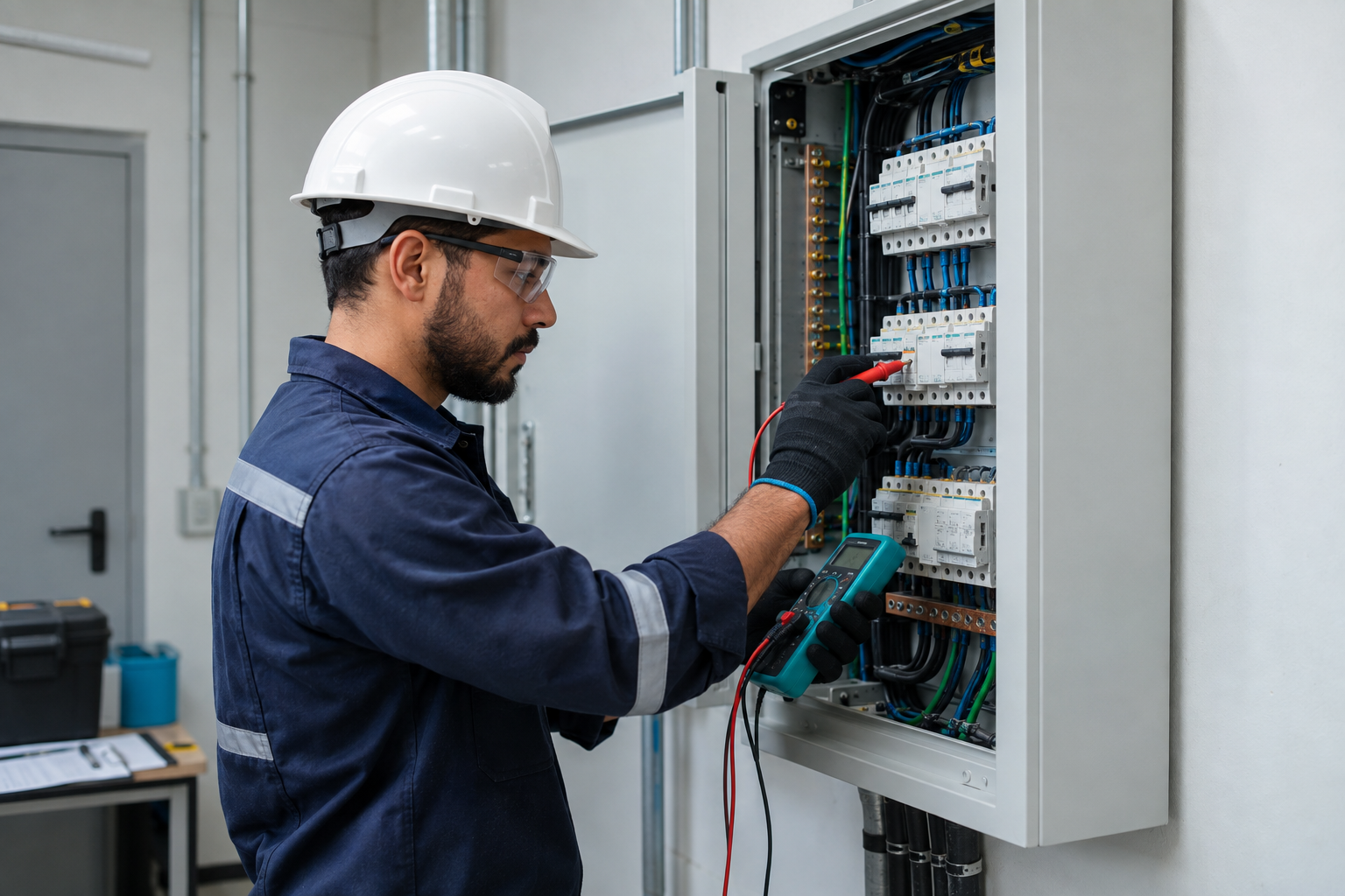 Eletricista verificando quadro de distribuição