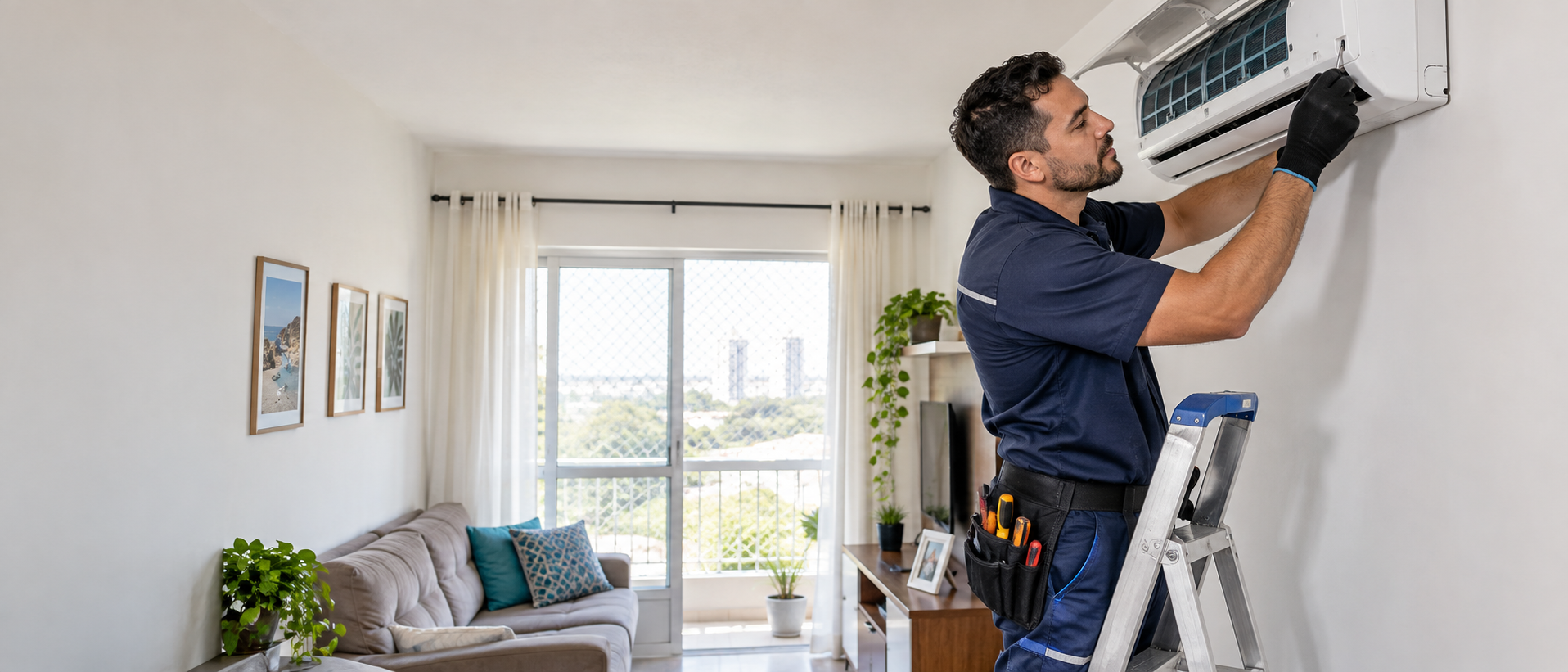 Técnico trabalhando em ar-condicionado residencial