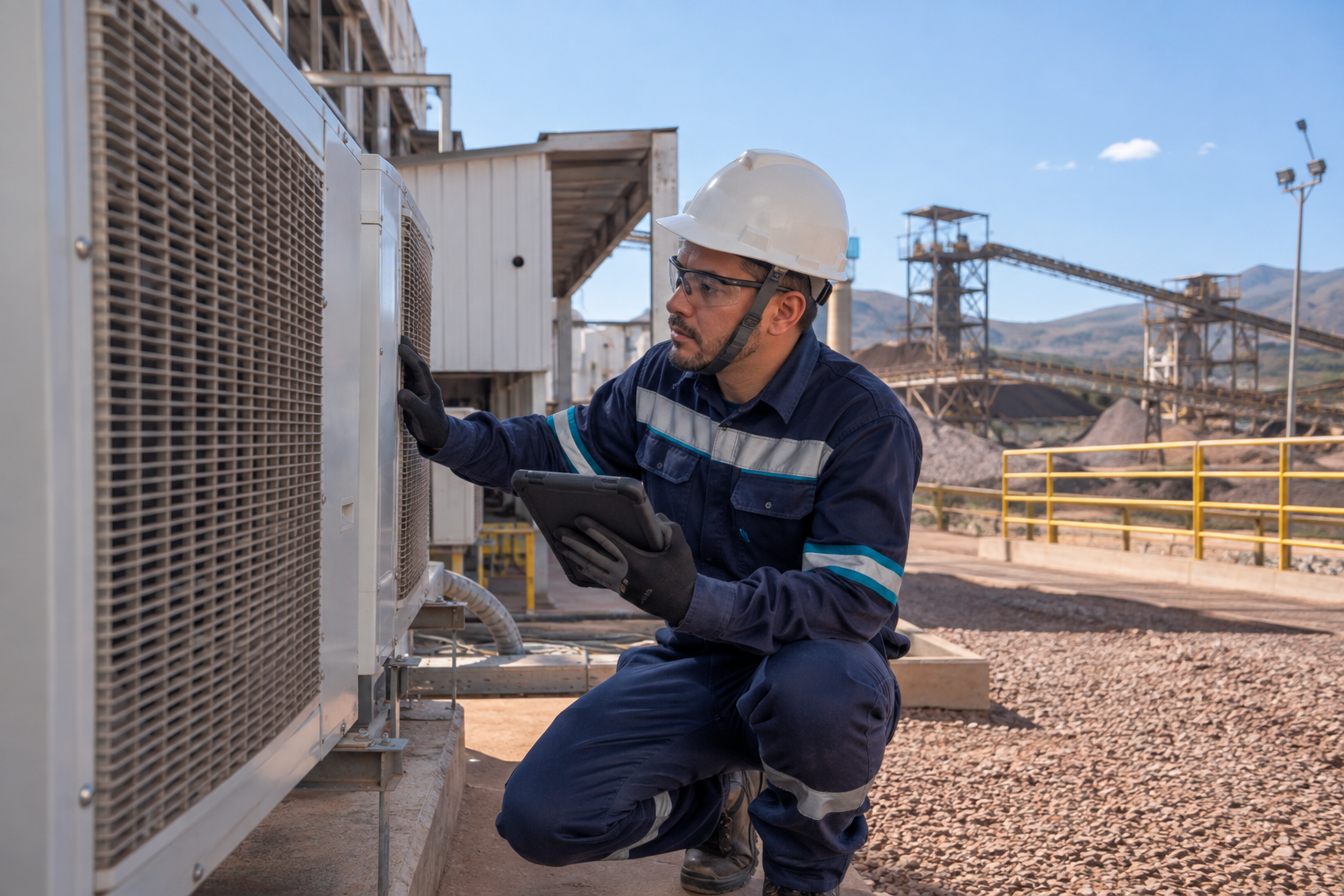 Técnico inspecionando climatização em instalação de mineração